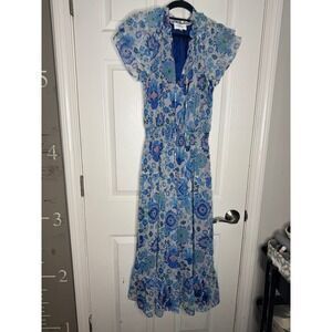 LAVENDER BROWN‎ Blue Ruffle Floral Midi Dress Size S Garden Party Feminine